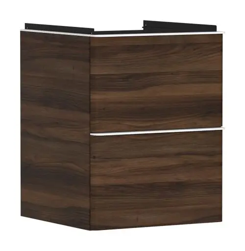 Waschtischunterschrank in dunklem Holzdekor mit zwei Schubkästen, geeignet für Handwaschbecken. Marke: Hansgrohe.